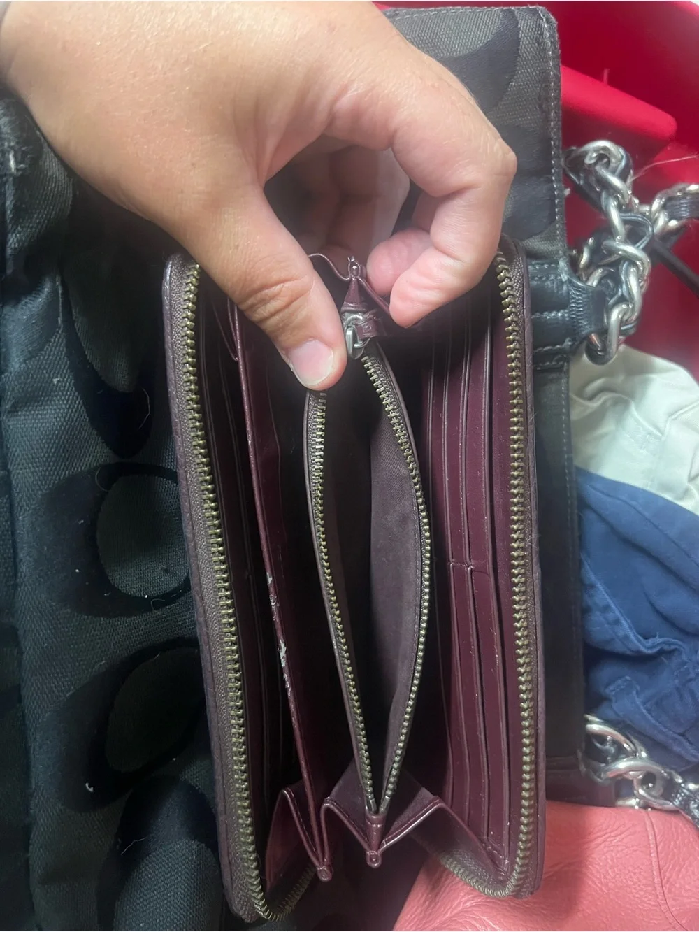 COACH womens Patchwork Leather Zip Wallet in Deep Burgundy and Metallic Brown